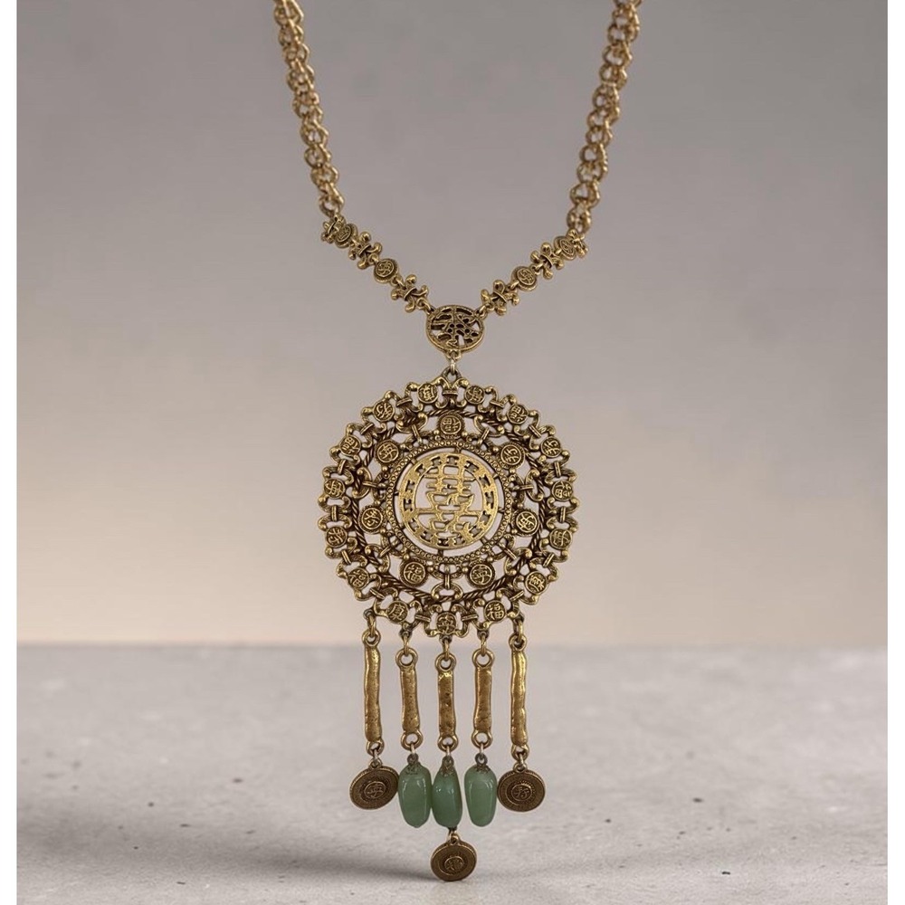 Vintage Signed Goldette Gold‎ Tone Asian Statment Faux Jade Dangles Necklace Art